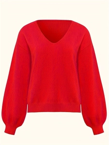 Maglione da donna con scollo a V rosso, vestibilità comoda e dettagli in maglia a coste