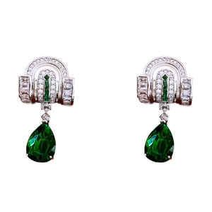 Silver teardrop earrings with green pear-cut stones and sparkling zircon accents