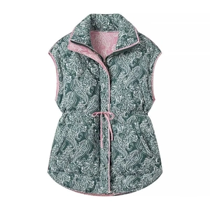 Dark green paisley quilted vest with pink drawstring waist and stand collar design
