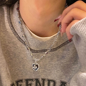 Retro silver necklace with gothic heart and cross pendant with colorful gemstones