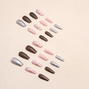 Long ballerina press-on nails with champagne glitter and white marble patterns