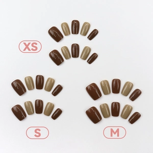 Short square mocha brown press-on nails in XS S M size comparison set on white background