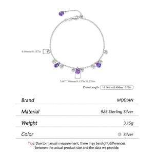 Bracciale in argento sterling 925 con gemma viola a goccia e nappe in zircone lucido