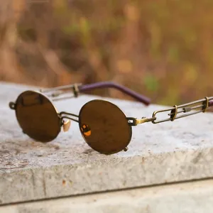 Retro steampunk round sunglasses with antique bronze metal frame and chain link temples