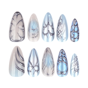 Y2K cyber-style 3D almond press-on nails set in ice blue and silver finish
