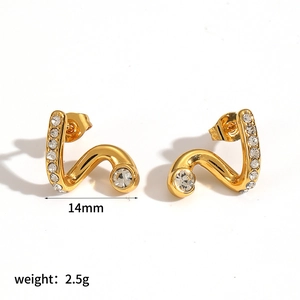 Gold stainless steel snake earrings with clear crystals, size 14mm, weight 2.5g