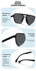 Detail view of black pilot polarized sunglasses with flexible TR90 hinges and nose pads