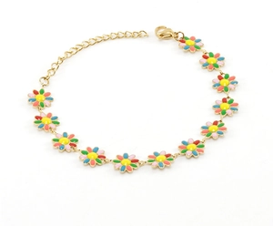 Detail of 18K gold plated bracelet with colorful enamel daisy flowers and extension chain