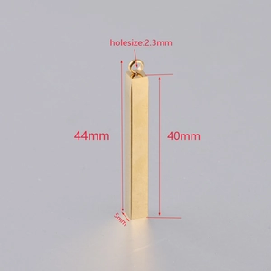 Polished gold stainless steel 5x40mm cuboid bar pendant with detailed size measurements