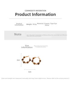 Detail view of 18k gold plated tiger eye beaded hoop earrings with 3cm diameter size info