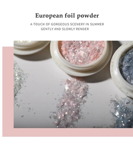 Detailed view of Aurora Opal nail art powder in white jars for iridescent manicure