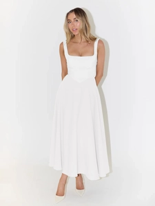 Elegant white sleeveless midi dress with a square neckline and flared A-line skirt