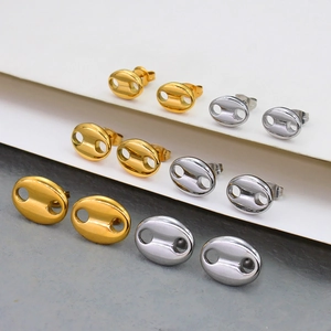 18K gold plated coffee bean stud earrings set in various sizes and silver finish