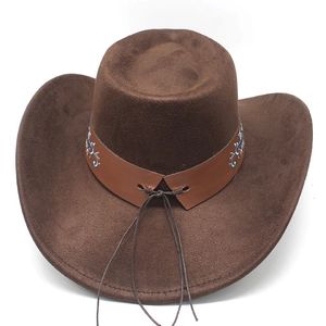 Detail of dark brown western cowboy hat with blue embroidered patterns on leather band