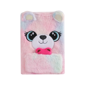 Detail of plush bear diary with embroidered eyes, pink bow, and sequins in close-up shot