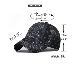 Size chart for black paisley baseball cap with dimensions and weight measurements