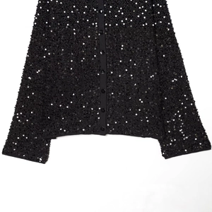 Women's stylish black sequin cardigan jacket with round buttons and sparkling texture