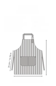 Size chart showing 65x70cm dimensions for cotton linen striped kitchen apron with dual pockets