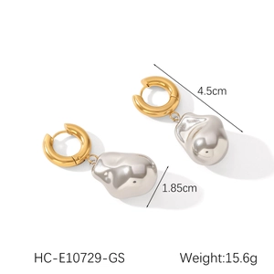 Detail view of two-tone baroque earrings with 4.5cm length measurements and specs