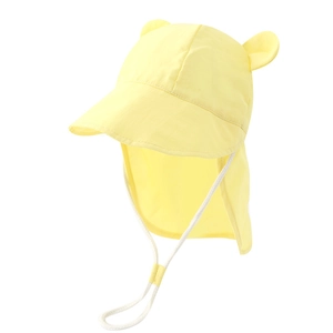 Detail of yellow baby sun hat featuring cute ears and adjustable windproof strap