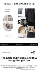 Detail of floral ceramic cup set featuring elegant tulips and iris patterns in French style