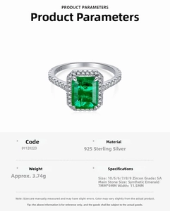 Detail view of S925 sterling silver ring with emerald-cut green synthetic zircon stone