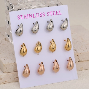 Polished stainless steel waterdrop stud earrings set in silver, gold, and rose gold