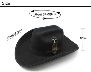 Detail of black wool felt cowboy hat with feather accent and vintage button embellishment