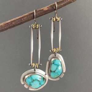 Vintage Bohemian Turquoise Dangle Earrings Silver Tone Geometric Retro Ethnic Style Jewelry For Women