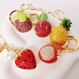 Fruit Keychain Alloy Rhinestone Sparkling Bag Pendant Cute Strawberry Pineapple Dragon Fruit Mangosteen Enamel Lychee Charm Gift
