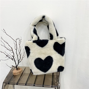 Sweet Plush Heart Pattern Bucket Bag For Women Winter Soft Faux Fur Tote Handbag Trendy Commuting Top Handle Bag
