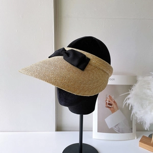 Women Wide Brim Visor Hat Natural Wheat Straw Bow Decor Sun Protection Beach Travel Japanese Style