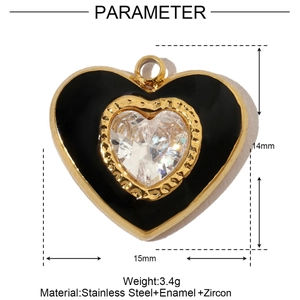 Macro detail of black heart panda paw pendant with zircon inlay and product dimensions
