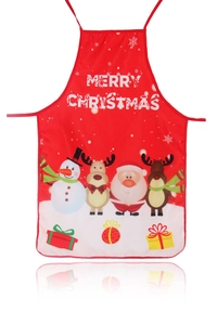 Détail du tablier de Noël rouge avec imprimés festifs de bonhomme de neige et de renne
