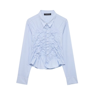 Chemisier Manches Longues En Popeline À Smocks Polyester Chemise Froncée Boutonnée Coupe Ajustée Col Pointu Femme