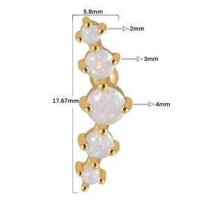 Detailed size chart of gold stainless steel cartilage stud with five white opals