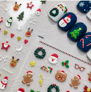 Detail showing 3D Christmas nail stickers with Santa Claus, reindeer and snowflakes