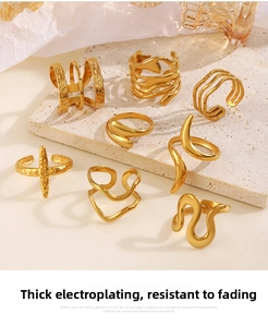 Detailed view of 18K gold plated irregular rings on a natural beige stone base