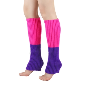 Detail of rose pink and purple knit leg warmers showing ribbed texture and two-tone design