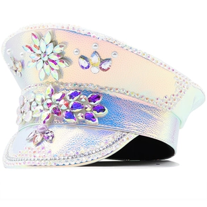 Cappello Militare In Pelle PU Olografica Con Strass Gemme Viola Künstliche Perle Finte Costume Festa Cappello Da Capitano