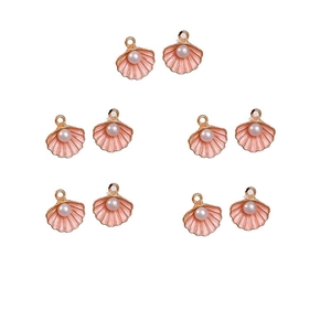 Macro view of 10 pink enamel shell pendants with pearls and golden alloy hooks