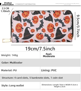 Detailed size specifications for the pink Halloween pumpkin print PU leather long wallet