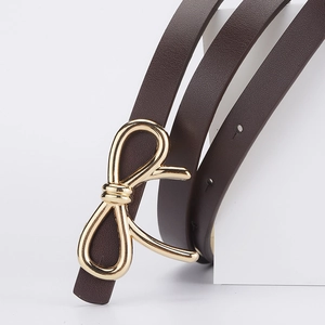 Elegant slim dark brown PU leather belt for women featuring a gold bow-knot metal buckle