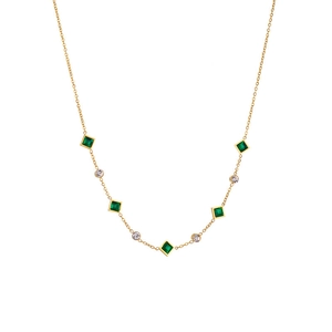 Gold plated titanium necklace with square emerald green and round clear stones