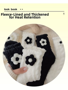 Nahaufnahme dicker Korallenfleece-Thermosocken mit 3D-Blumendetails und warmer Plüschtextur