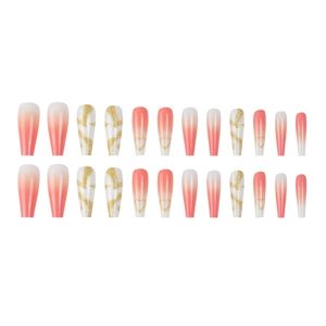 24pcs long coffin press on nails featuring pink gradient and gold glitter heart designs