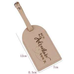 Beige PU leather luggage tag with gold lettering and detailed size measurements in cm