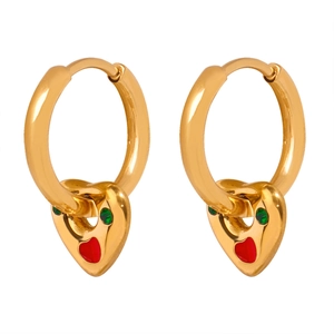 Luxurious gold-plated titanium steel hoop earrings with colorful enamel heart pendants