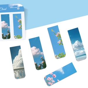 Detailed view of 5-piece magnetic bookmarks featuring cloud patterns and sky scenery