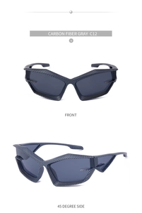 Detailed front and 45-degree side views of carbon fiber textured Y2K futuristic sunglasses